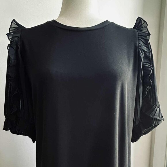 Anne Klein Black Stretch Knit Crewneck Top with Pleated Chiffon Sleeves – US L - Picture 4 of 12